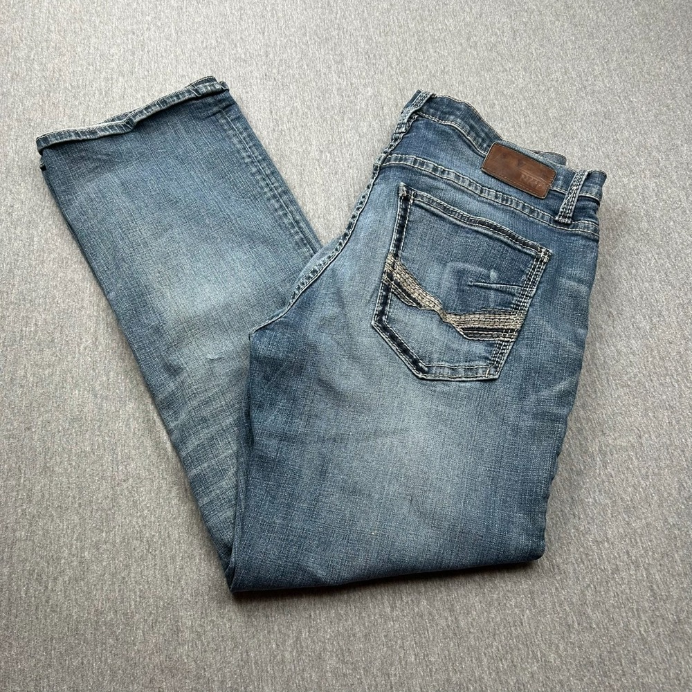 BKE Derek Relaxed‎ Bootcut Jeans Mens 34R (36x31) Blue Denim Pants Thick Stitch